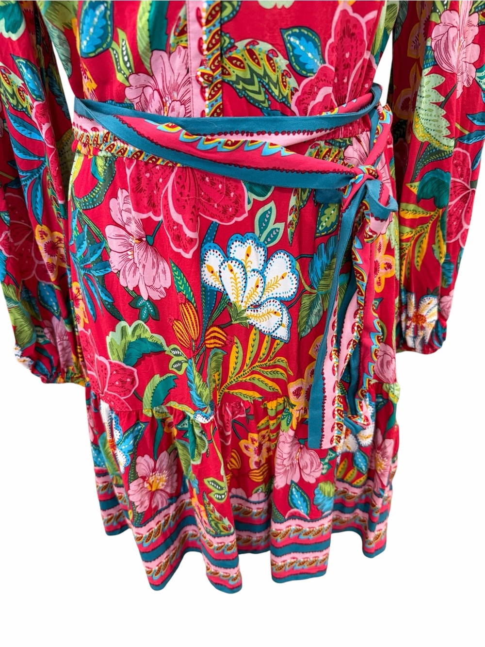 Adrianna Papell Tropical Floral Dress Tie Waist V Neck Long Sleeve Mini Red 8 - Picture 6 of 14
